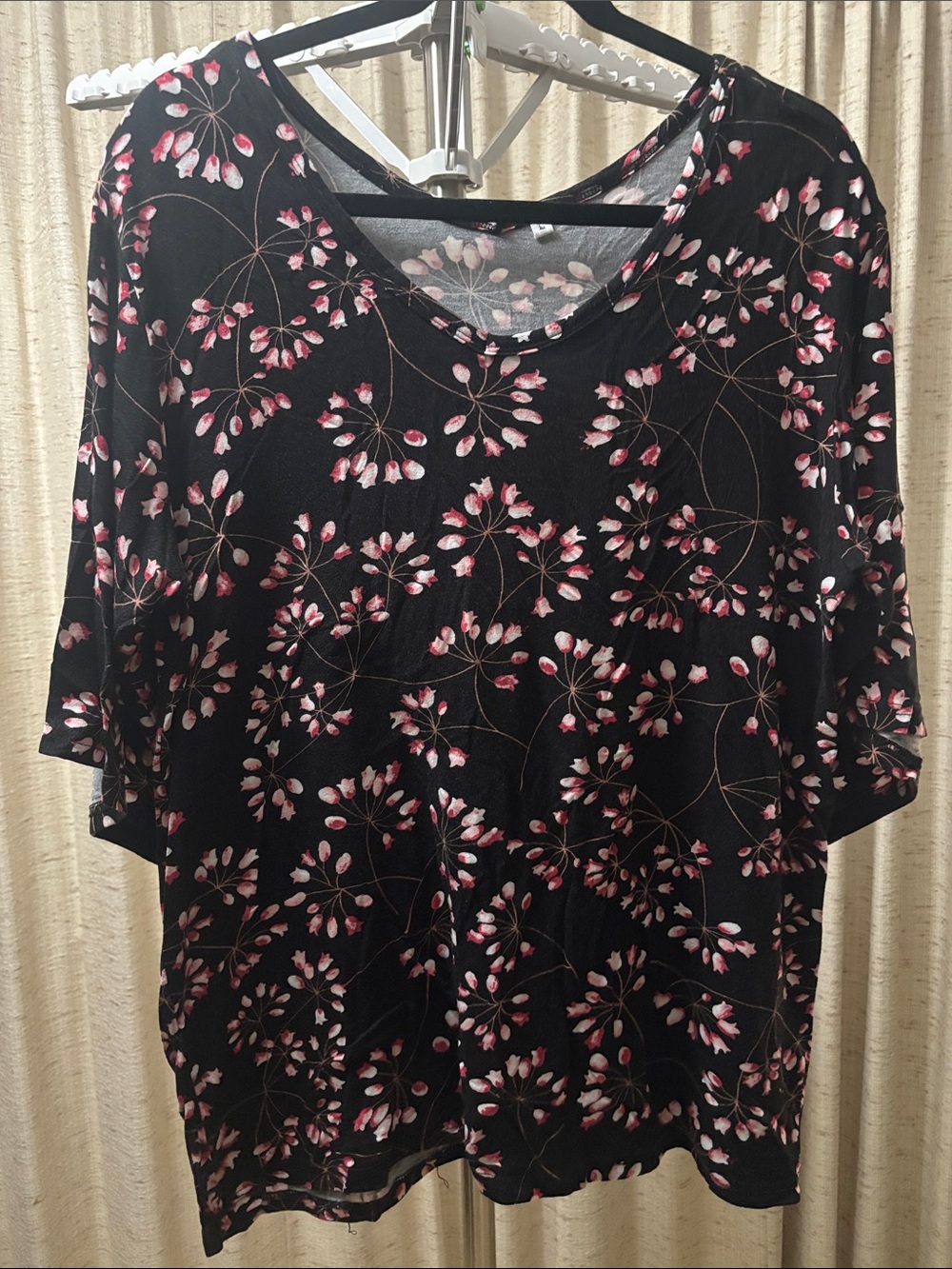 Black Short-Sleeve Women’s Tee with Pink Floral Print